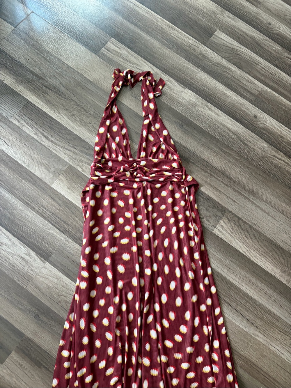 RESA Burgundy Halter Plunge Maxi with Cream Spot Print - Picture 3 of 7